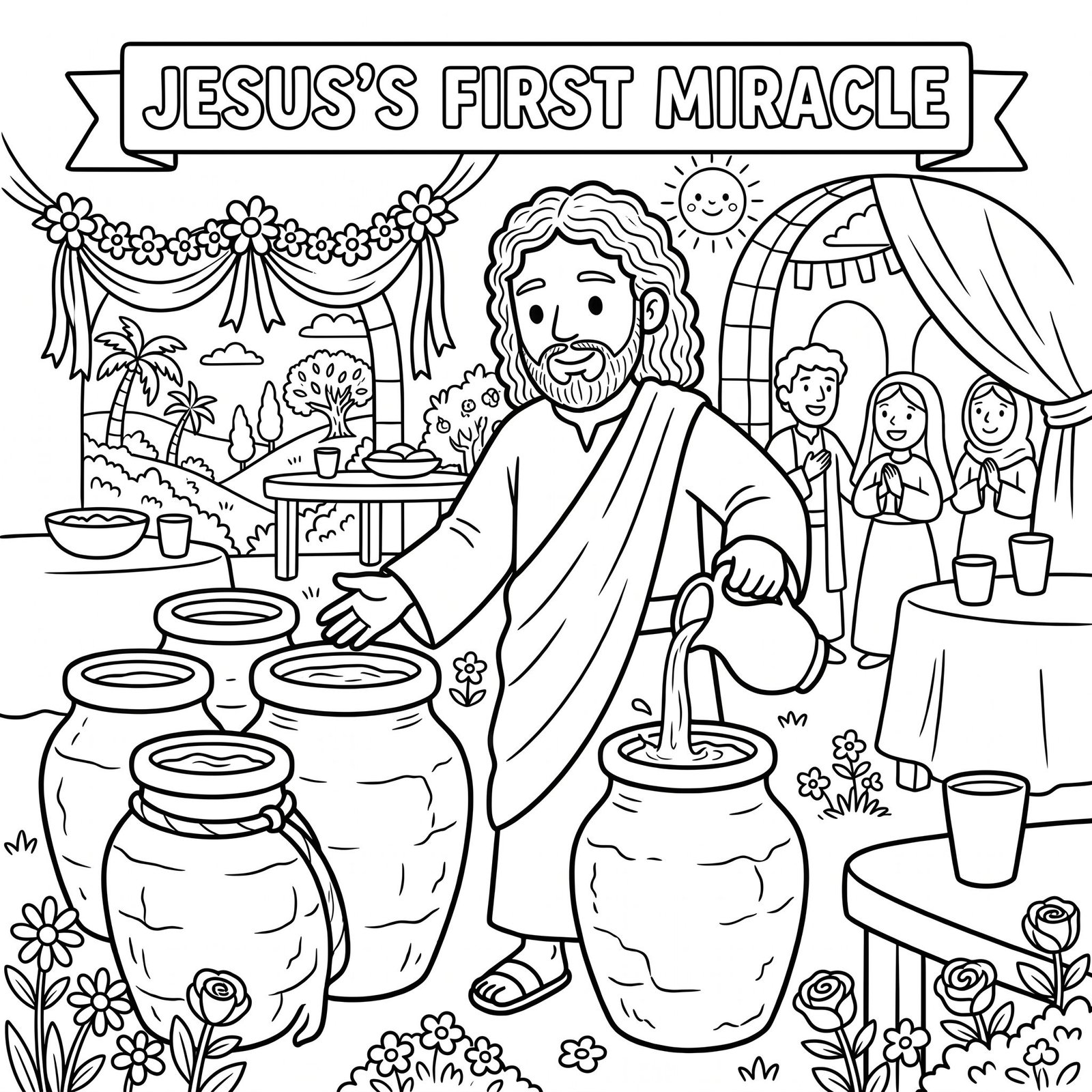 Jesus's First Miracle Bible colouring page
