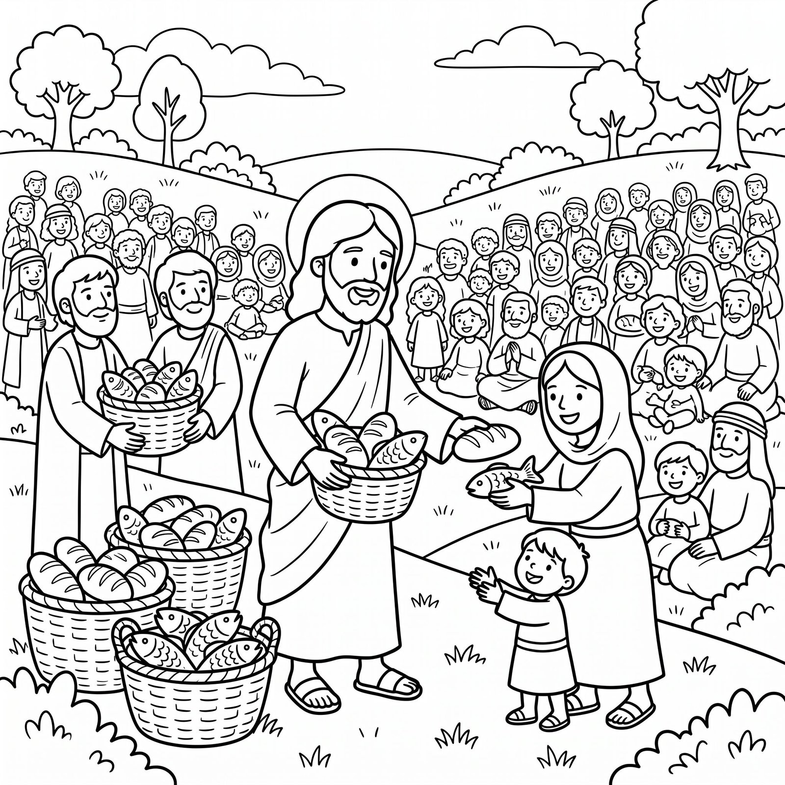 Jesus Feeds the 5,000 Bible colouring page