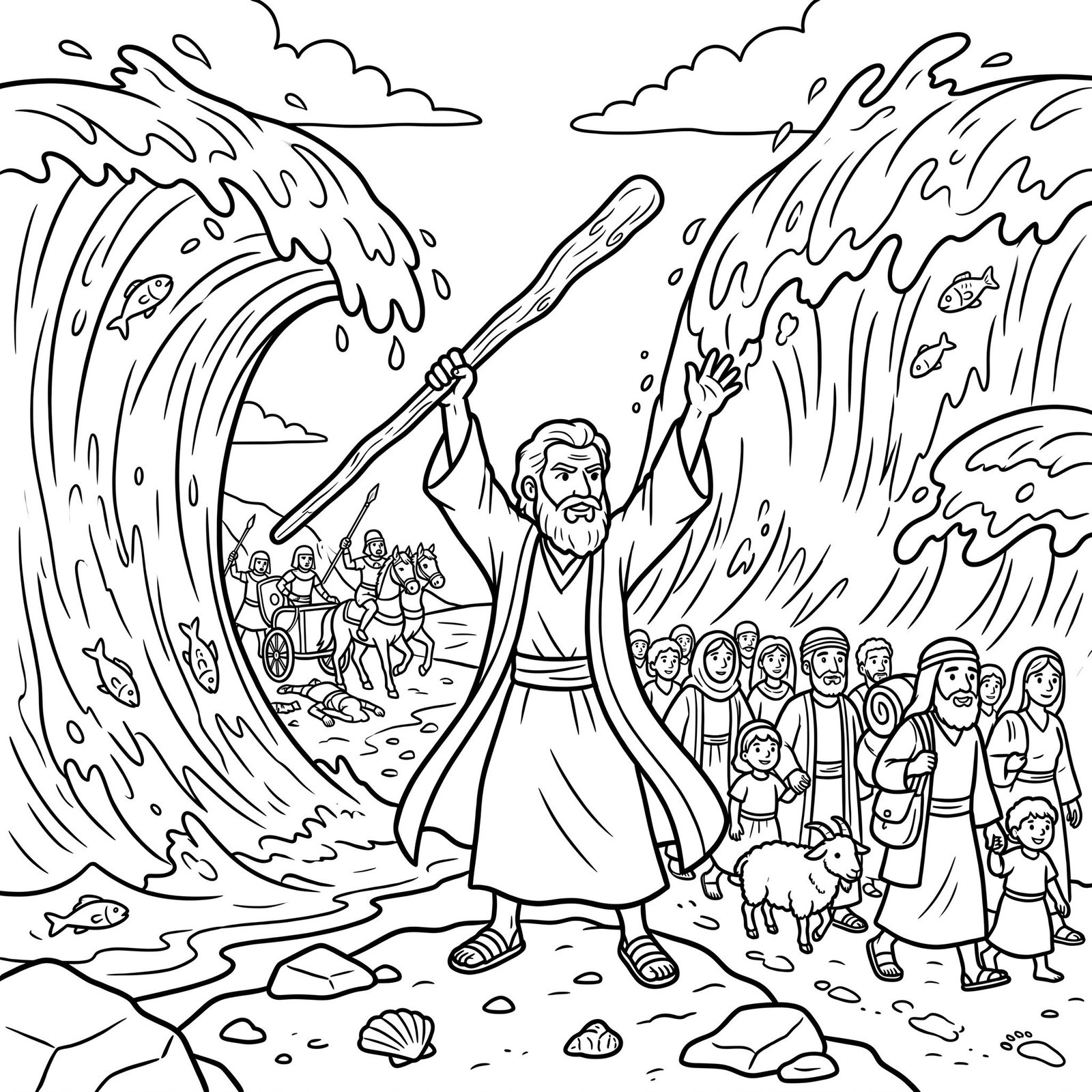 Moses Parts the Red Sea Bible colouring page
