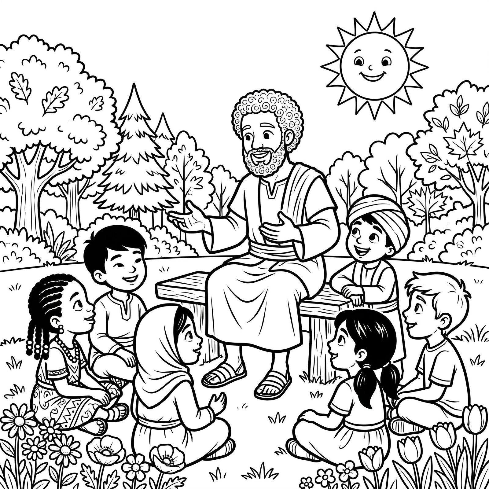 Jesus and the Children Bible colouring page