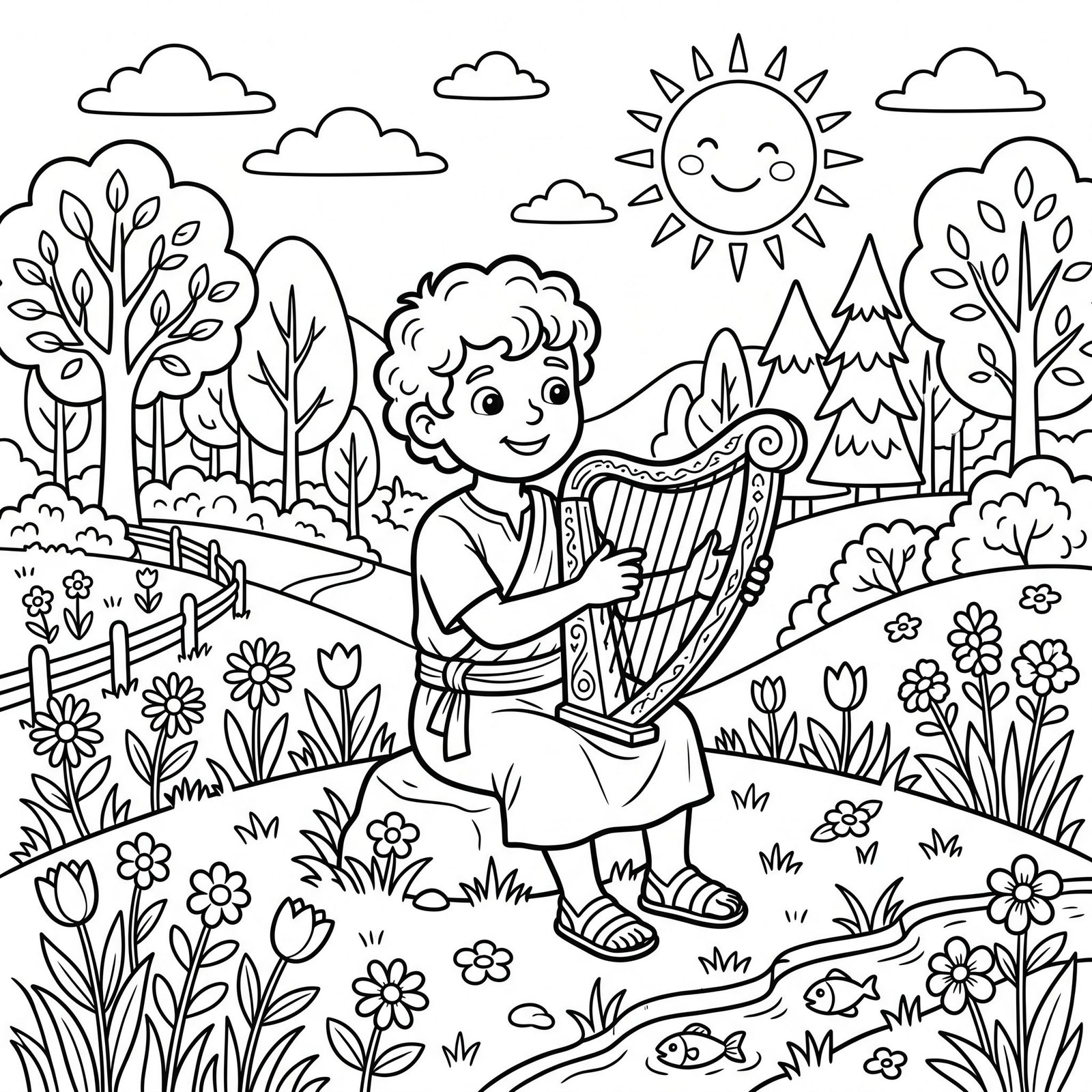 David Plays the Harp Bible colouring page