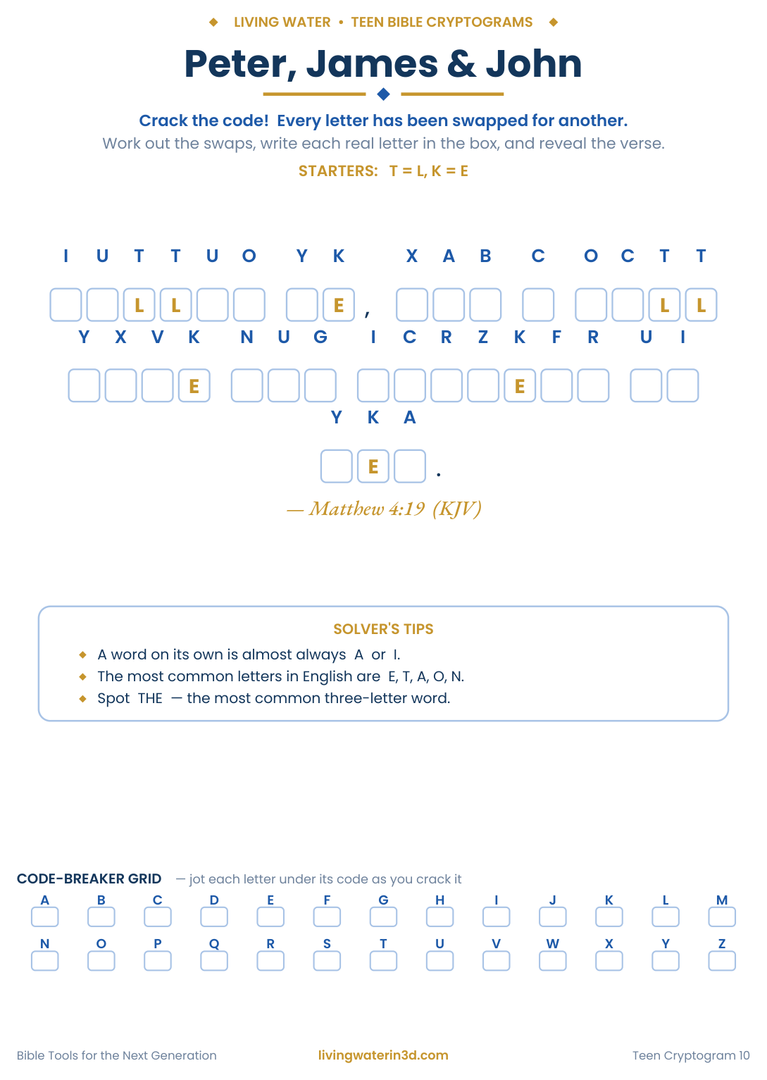 Peter, James   John Bible cryptogram for teens