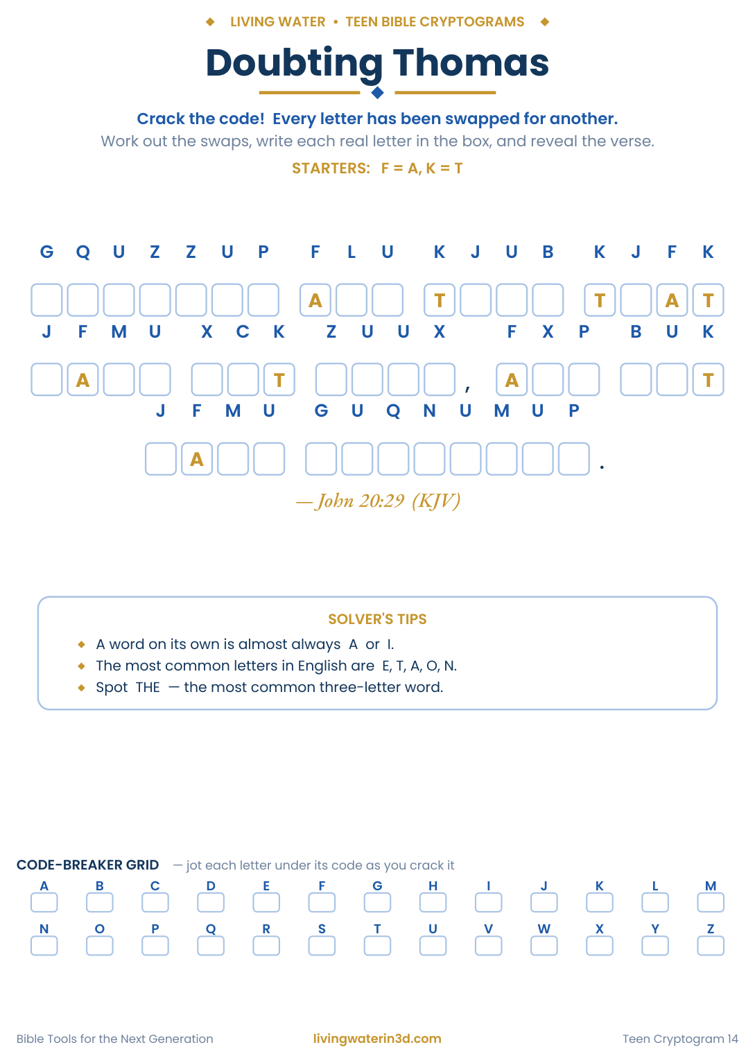 Doubting Thomas Bible cryptogram for teens