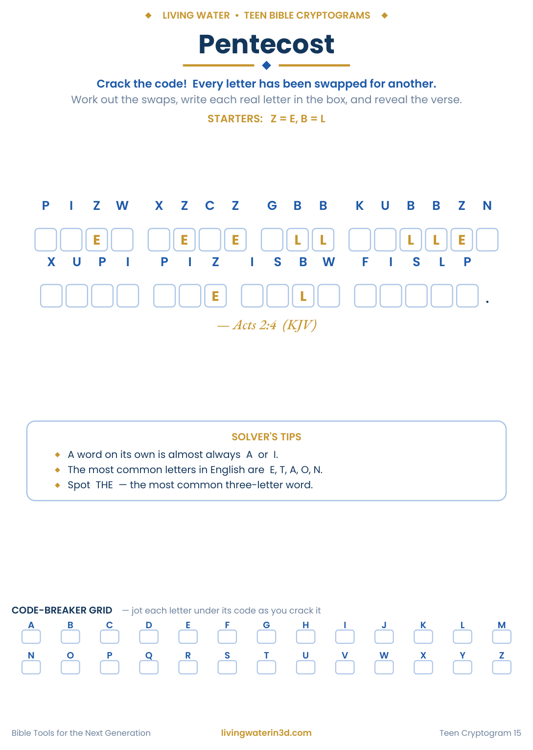 Pentecost Bible cryptogram for teens